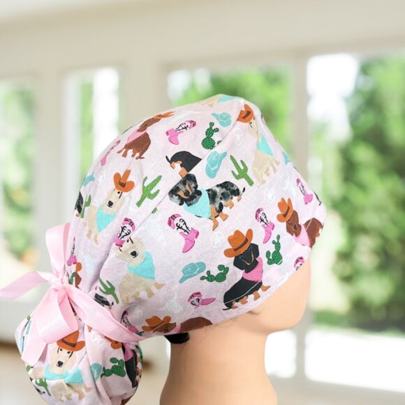 Dachshund Pink~ Ponytail Scrub Cap, Surgical Hat, OR, CNA, MD, gifts. - Picture 3 of 4